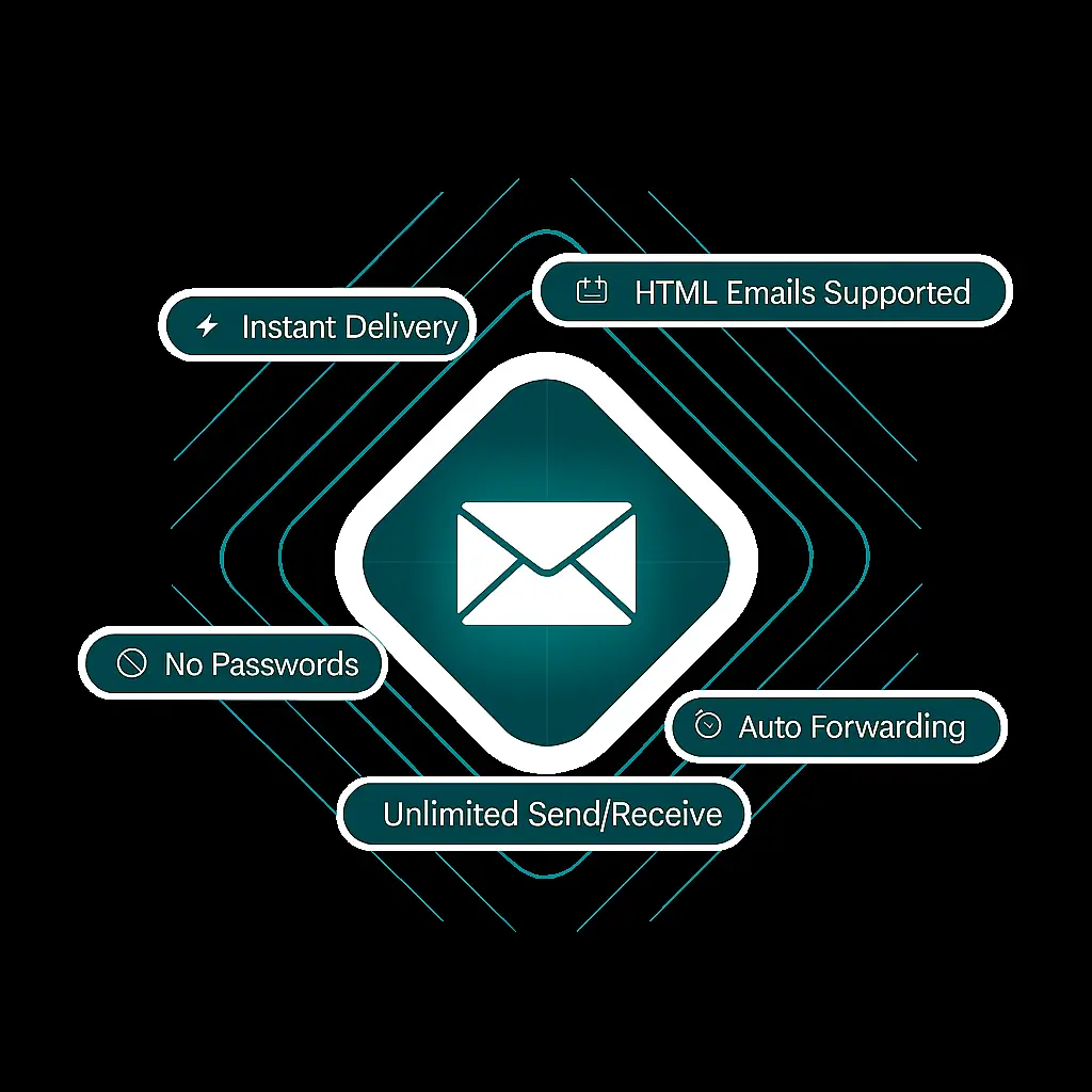 Showcasing botMail main features. Instant Delivery. HTML Emails Supported. No Passwords. Auto Forwarding. Unlimited Send/Receive